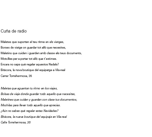 <p>Bitácora
<br>Boutique del equipaje<br></p>